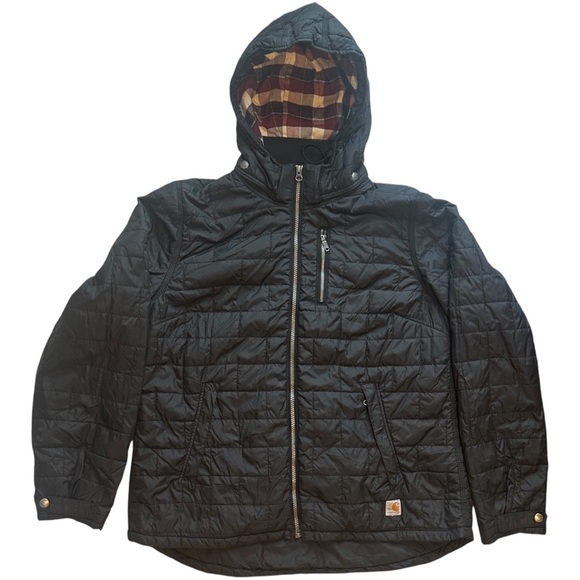 Carhartt Black Puffer Jacket with Plaid Hood - Picture 1 of 8